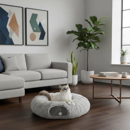 AUOON Plush Cat Tunnel Bed for Indoor Cats, 36" L x 36" W x 11.5" H, Khaki - color: Khaki