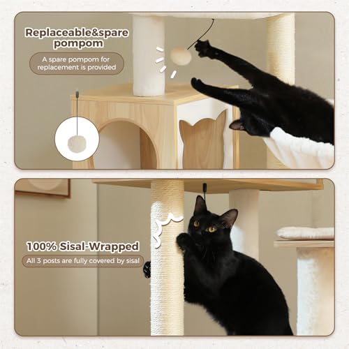 PEQULTI 57.5" Cat Tree with Litter Box Enclosure, Wood Cat Condo, Beige - color: Beige, size: XL(18.9"L x 18.9"W x 57.5"H)