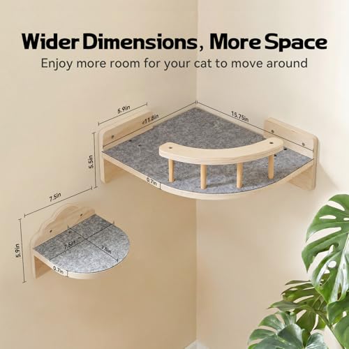 Cat Shelves for Wall, Corner Cat Wall Shelf with 3 Wide Steps, Wooden Wall Mounted Cat Shelf for Indoor Cats, 30 lb Capacity, Removable Plush Pads, Cat Climbing Perch Set for Large Cats