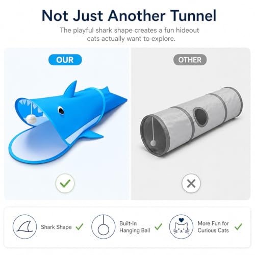 Blue Shark Cat Tunnel Toy, Collapsible Pop-Up Cat Play Tunnel with Interactive Hanging Ball & Storage Bag, Durable Polyester Interactive Cat Toy for Indoor Cats, Kittens