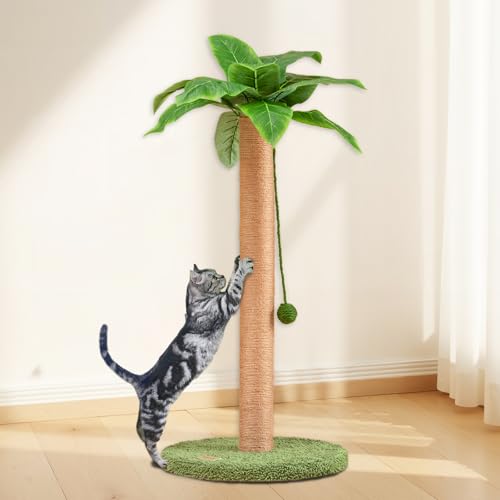 Meowoou Cat Scratching Post 33 Inch Tall Cat Scratcher for Indoor Cats Adults,Small Cat Tree Tower Sisal Rope Kitten Scratch with Interactive Hanging Ball - size: 33 in Green Post