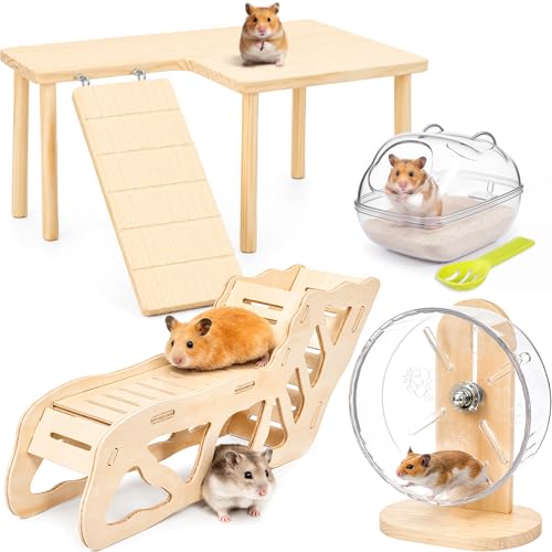 BreezeHug 4 Pcs Hamster Cage Accessories Hamster Platform Toy, Wood - style: Wood