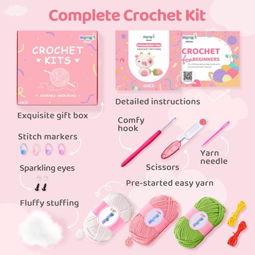 Mewaii Strawberry Cow Crochet Kit for Beginners, 40% Extra Yarn - color: Pink
