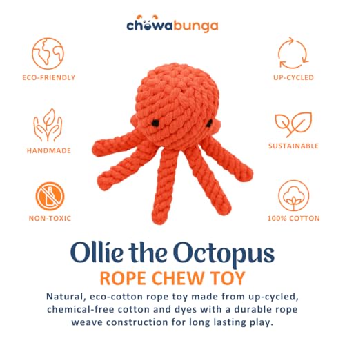 Ollie the Octopus Dog Toy Tough Handmade Eco Cotton Rope Dog Toy Octopus Durable with Natural Non Toxic Dyes - Dog Octopus Toy Aggressive Chewers for Small Dogs, Puppy Toys (Orange, Small)