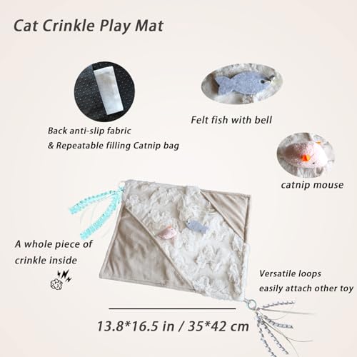 Cat Crinkle Play Mat with Catnip Interactive Cats Activity Mat for Indoor - color: Beige
