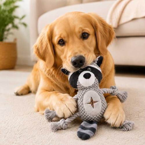 Dog Squeaky Chew Toy, Plush Crinkle Rope Dog Toy - Gray Raccoon - color: Gray Raccoon