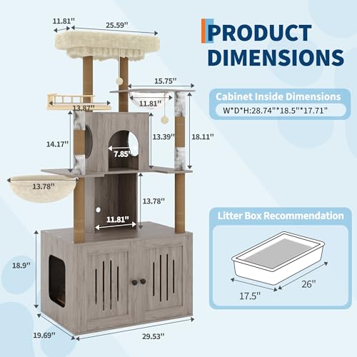 Cat Tree with Litter Box Enclosure, Multi-Level Cat Tower with Hidden Litter Box Furniture, Large Plush Top Perch, Sisal Scratching Posts, Cat Condo & Hammock for Indoor Cats, Living Room,Grey - color: Grey