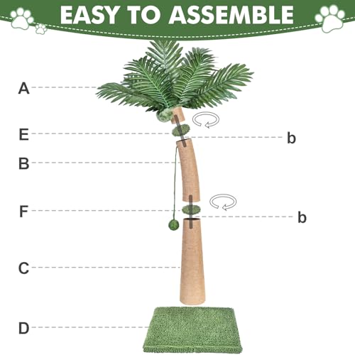 Palm Tree Cat Scratching Post, 36'' Cat Scratcher Post with Natural Sisal Rope, 3 Interactive Balls and Curved Design Scratching Posts for Indoor Cats Adults and Kittens, Multi-Combinable (Style B) - size: Style B