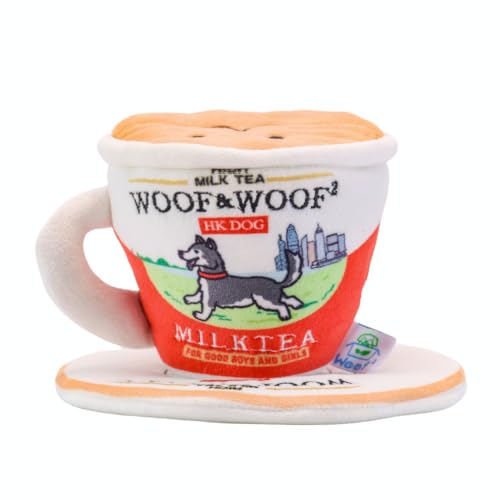 HK Milk Tea Nose-Work Squeaky Dog Toy - Durable Cute & Soft 2-in-1 Cup & Plate for Interactive Play, Big Pocket to Hide Treats for Puzzle Fun, Paper Crinkle Sound, Small Medium Large Dogs