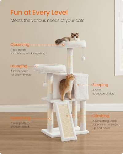 Feandrea Cat Tree, 45.3-Inch Cute Cat Tower, Plush Climbing Condo, White - color: Cream White