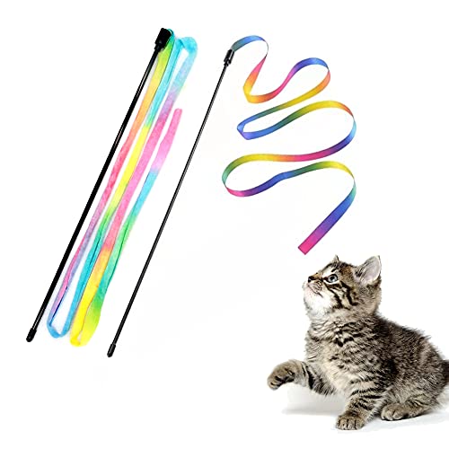 LASOCUHOO Interactive Cat Wand Toys Interactive Cat Teaser Wand String Ribbon Rainbow Charmer for Cats and Kittens - 2 Packs