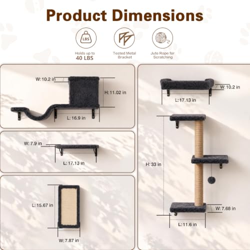 Cat Wall Shelves 6-in-1 Wall Mounted Cat Furniture 40 lbs, Dark Grey