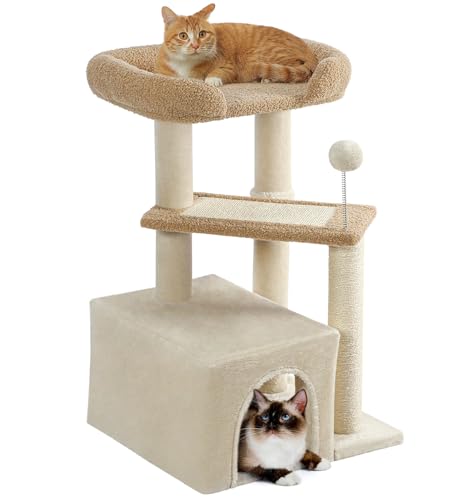 Made4Pets Cat Tree, Carpet Cat Tower Grey for Indoors Cats, Cute Wood Kitty Condo with Scratching Post and Pad, 29" Multi-Level Modern Activity Climbing Furniture for Small and Medium Cats - color: Buff Yellow
