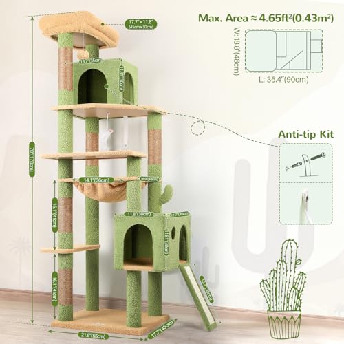 Globlazer F70 Pro Cactus Heavy Duty Cat Tree Tower for Indoor Large Cats - color: Cactus Green