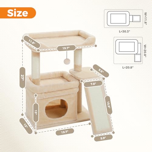 PEQULTI Small Cat Tree Tower for Indoor Cats with Large Perch, Beige - color: Beige, size: L Plus(19.3"L x 12.2"W)