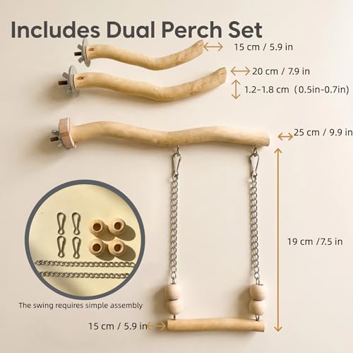 Bird Perch and Swing for Small Birds, Natural Wood Cage Accessories - size: Medium