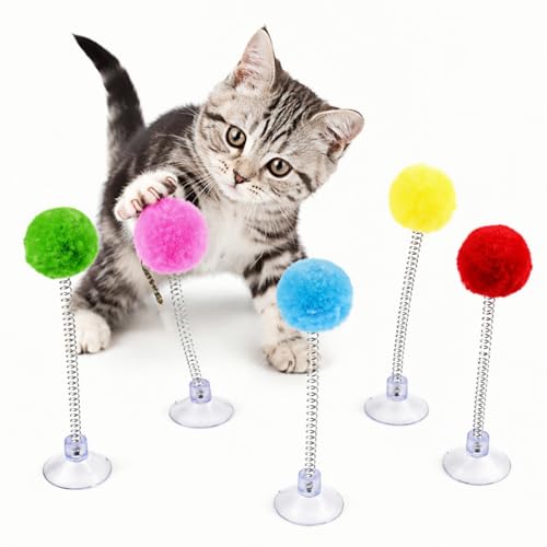 5pc Suction Swatter Cat Toy - 6 Inch with Spring and Plush Ball, Bouncing Cat Teaser for Indoor Kittens and Cats, Self-Play Exercise and Entertainment Pet Toy - Swatting Toy for Cats(Random Colors)