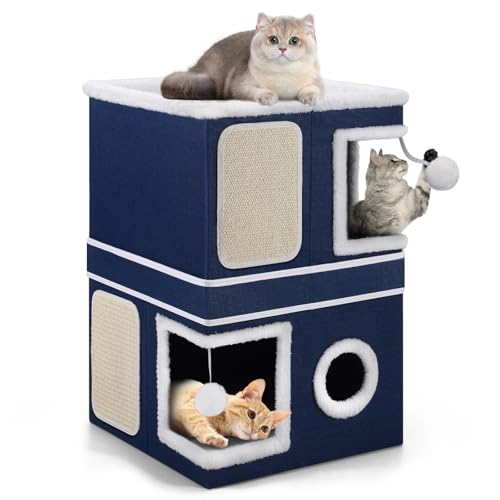 Shikha 2 Story Cat House beds for Indoor Cats with Scratch Pads Blue - color: Blue, size: Double