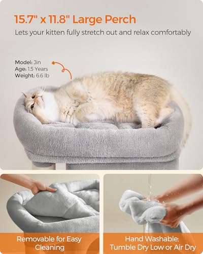 Feandrea Cat Tree, 26.4-Inch Small Cat Tower, Cute Plush Condo, Light Gray - color: Light Gray, size: S (15.7"L x 11.8"W x 26.4"H)