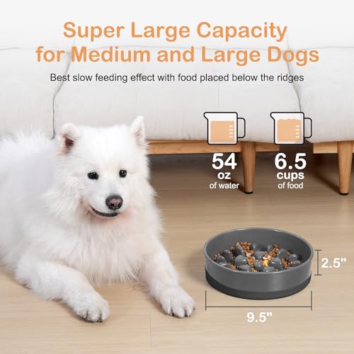 Sted Ceramic Slow Feeder Dog Bowls for Medium Large Breed - color: Grey, size: Large-9.5 inches