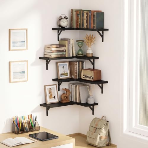 Amada Corner Floating Shelves, Paulownia Wood, Set of 4, Black - color: Black