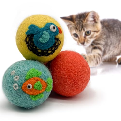 Love Ewe Wool Cat Toys Ball 3 Pack, 2-inch Fish and Bird - color: Fish/Bird