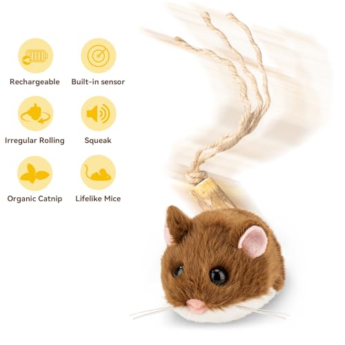 Migipaws Interactive MigiMouse Cat Toy 360° Rolling & Spin with Wiggling Tail for Indoor Cats Smart Motion Sensor, Realistic Squeak, Rechargeable Plush Kitten Toy (Brown)