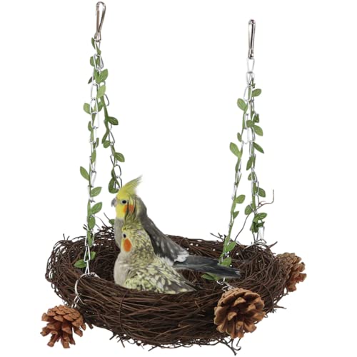 Natural Rattan Nest Small Medium Large Bird Swing for Parrot Parakeet Cockatiel Conure Cockatoo Macaw Amazon African Grey Lovebird Finch Canary Budgie Cage Perch Toy (Small) - size: Small