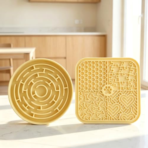 Dog Lick Mat for Anxiety Relief, Slow Feeder Bowl for Dogs & Cats, Silicone Lick Pad with Strong Suction Cups for Pet Grooming, Bath, Tooth Cleaning, Distraction and Calming, Yellow - color: Yellow+Yellow