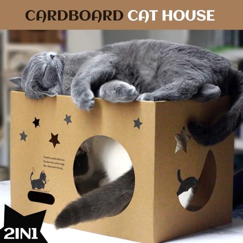 Cat Cardboard House with 2 PCS Scratching Pads，Large Cat Scratcher Bed Cat Scratchers Lounge for Indoor Cats with Corrugated Board Detachable Cat Scratcher Box for Cats(Star) - size: Wood-Star