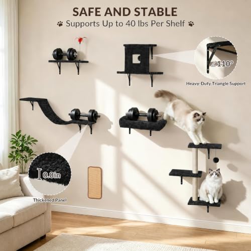Cat Wall Shelves, 6-in-1 Cat Wall Furniture Set, Black - color: Black