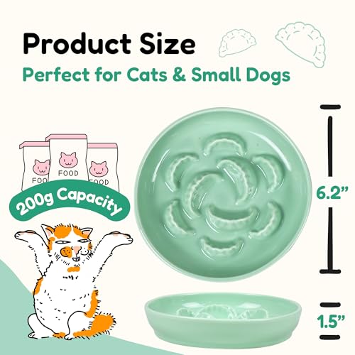 2 Pcs Ceramic Cat Slow Feeder Bowl Set, Dumpling Shape Cat Food Plates, 6.2" W Wide Shallow Whisker Friendly Slow Feeding Cat Bowls for Dry Food, Wet Food & Treats, Dishwasher Safe（Green + Blue） - color: Green + Blue