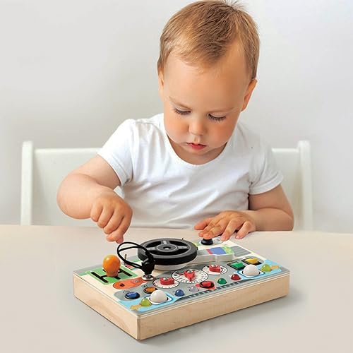 Wooden Montessori Busy Board for Toddlers 4-8 - Wooden Dashboard Steering Wheel Toy， Fine Motor Skill Development Toy for Kids 3-6， Educational Pretend Driving Busy Board for Boys & Girls