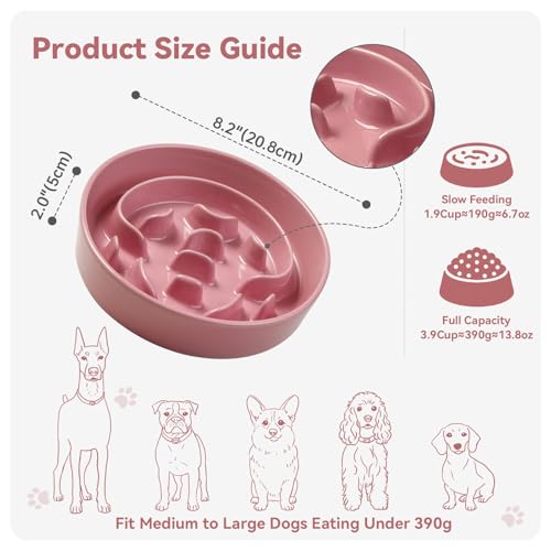 Ceramic Slow Feeder Dog Bowl, 1.8 Cups Anti -Slip Slow Feeding Bowl to Slow Down Eating, 8.2 Inch Dog Food Dish for Medium to Large Breeds, Pink - color: Pink, size: Medium (1 Bowl without Stand)