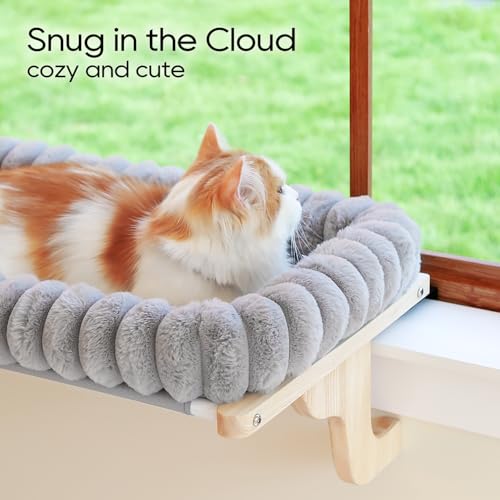 Zakkart SnugCloud Cat Perch for Windowsill (Natural Wood/Gray, L) - color: Natural Color Wood w/ Gray Bed, size: Large (25"x15")
