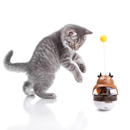 Cat Treat Puzzle Toy, Auto-Balancing Pet Food Dispenser - Brain Stimulating - Slow Feeder - Boredom Relief Kitten Toys, Interactive Training, Toy for Indoor Bored Cats (Brown, Cow) - color: Brown
