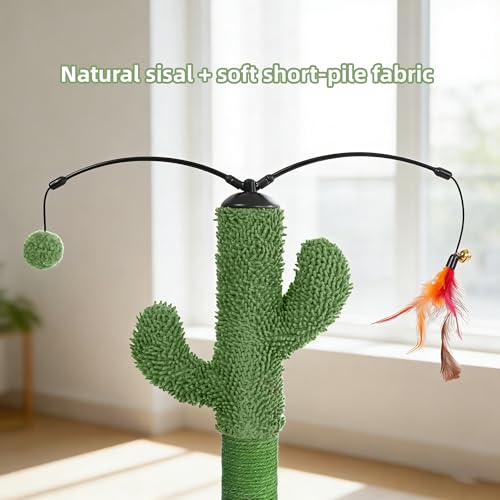 YUNIQUE Cactus Cat Scratching Post with Sisal Rope, Small Cat Tree with Dangling Balls & Feather for Kittens (Green, 22.8'') - color: green, size: 22.8'' square