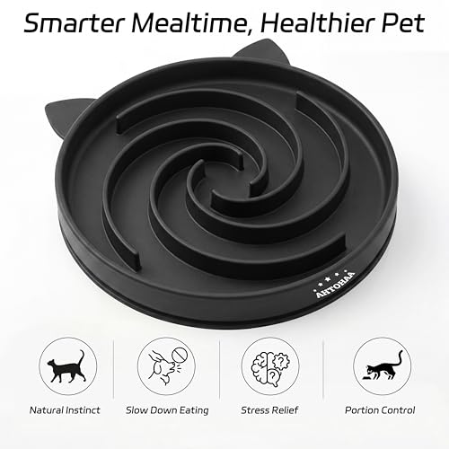 Slow Feeder Cat Bowl, Silicone Maze Design with Suction Base - color: Black
