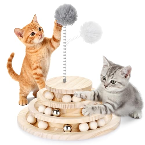 Large Upgraded Cat Track Ball Toy with Bell & Teaser Wand - 3-Layer Tower Roller, Interactive Wooden Cat Toy for Mental & Physical Exercise, Double Fun for Kittens & Adult Cats - size: 11.0