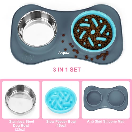 Slow Feeder Dog Bowls 3 in 1 Stainless Steel Food Water Bowl to Slow Eating - color: Light Grey, size: Small ＆ Medium Breed