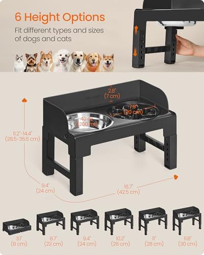 Feandrea Dog Bowls Elevated, Adjustable Height, Tilted Design - color: Ink Black, style: 1 Plastic Slow Bowl + 2 Stainless Basic Bowl