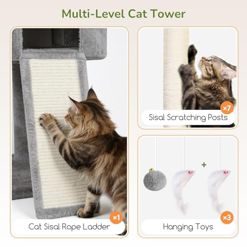Globlazer Cactus Extra Tall Cat Tree for Large Cats, Heavy Duty Tower, F83C - color: Light Grey