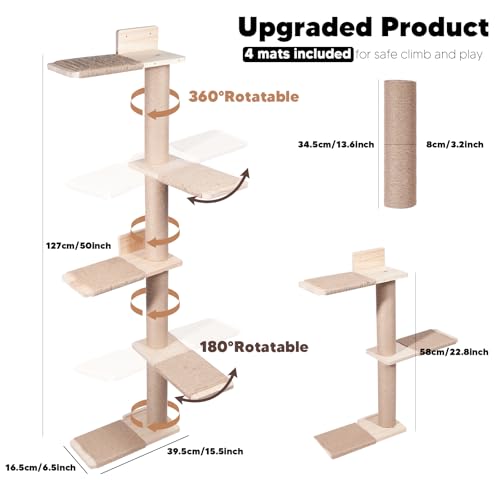 Tall Wall Cat Tree 50"‌, Wood Cat Wall Shelves Wall-Mounted Scratching Post - size: 4-Tier Cat Tree, Natural Jute Color