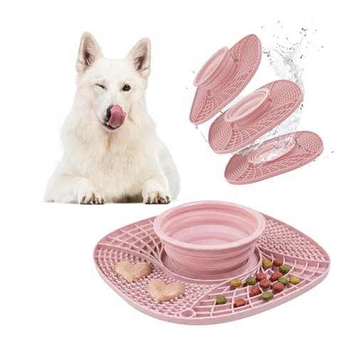 BelleBête & Co. 3-in-1 Pet Slow Feeder Bowl Lick Mat with Collapsible Bowl for Dog & Cat – Food-Grade Material & Non-Slip Base for Kibble, Dry and Wet Food, Digestive Health & Reduce Anxiety | Pink - color: Pink