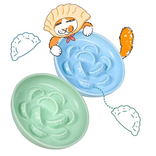 2 Pcs Ceramic Cat Slow Feeder Bowl Set, Dumpling Shape Cat Food Plates, 6.2" W Wide Shallow Whisker Friendly Slow Feeding Cat Bowls for Dry Food, Wet Food & Treats, Dishwasher Safe（Green + Blue） - color: Green + Blue