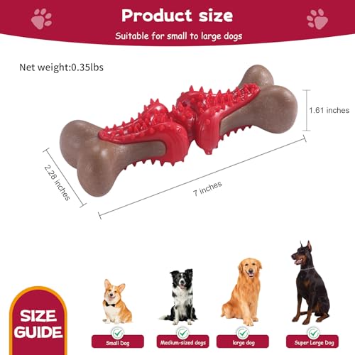 Durable Dog Chew Toys for Large Dogs - Tough Bone-Shaped Dental Chew with TPR Rubber & Wood Fiber, Teething & Aggressive Chewer Toys for Medium/Large Breed, Long-Lasting Teeth Cleaning & Stimulation - color: Red