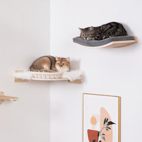 Curved Cat Shelves and Perches, Floating Cat Wall Bed with Comfortable Cushion - color: Wood Shelf+Grey Cushion