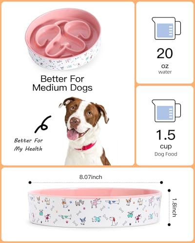 Slow Feeder Dog Bowl, 8” Ceramic Dog Bowls for Medium & Large Breed, Pink﻿ - color: Pink