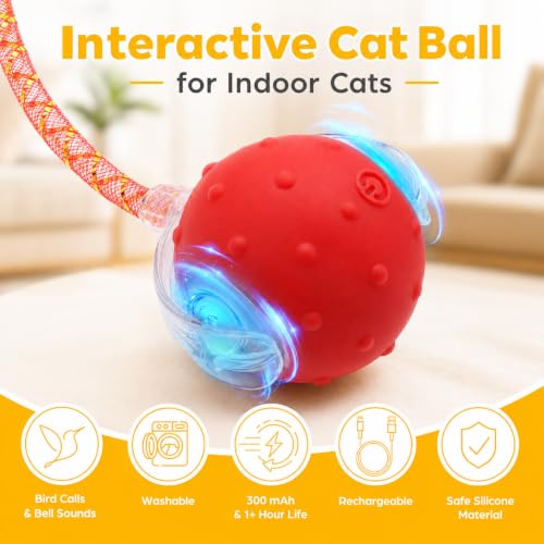 Interactive Cat Toy Ball,3 Speed Modes Moving Cat Toy Balls,Automatic Rolling Rechargeable Cat Toy for Indoor Cats Bored Adult & Kittens-Red - color: Red