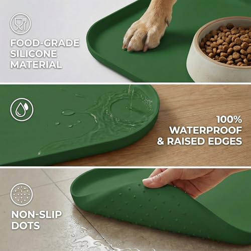 BLESWIN Non-Slip Silicone Dog Food Mat for Food and Water, 18" x 12" Raised Edge Pet Feeding Mat - Waterproof Dog Bowl Mat Easy Clean for Floor Protector,Dark Green - color: Dark Green, size: 45 x 30 cm
